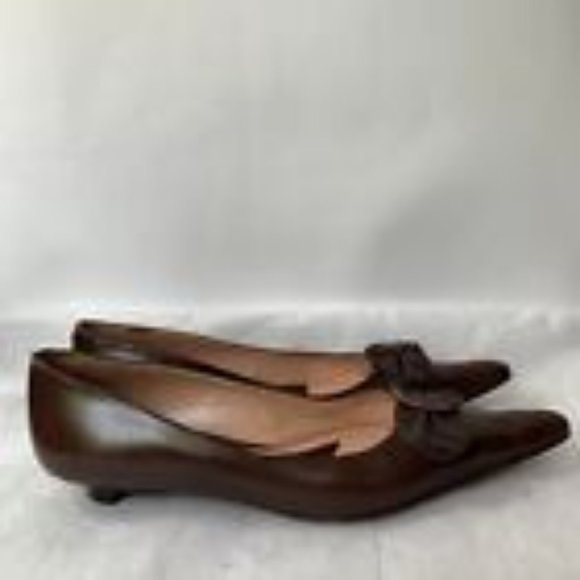 Albert Nipon Brown Leather Pointed Toe Kitten Heels Floral Detail - Size 8 Spain - Picture 4 of 12